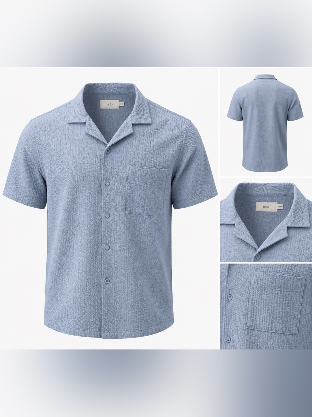 Onia Men's Seersucker Short Sleeve Button Down Camp Shirt Light Blue Size M